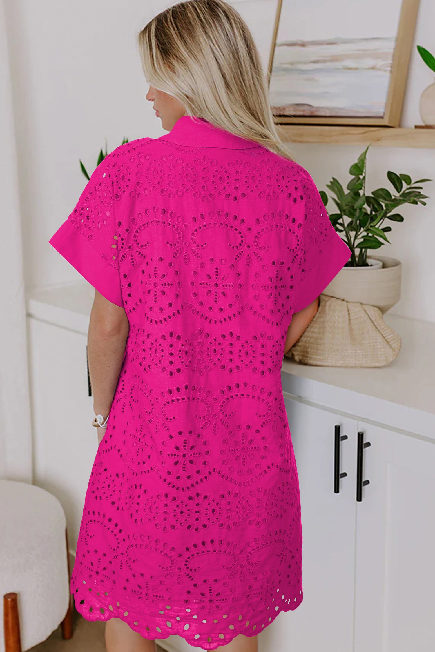 Green Solid Color Eyelet Embroidered T Shirt Mini Dress