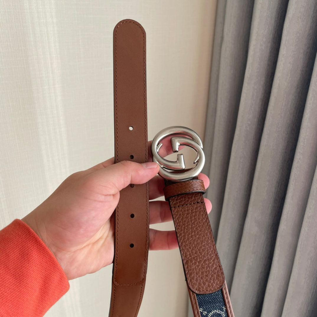 GUCCI Embellished coated-canvas and leather belt 'Brown/Blue' Banlieue91