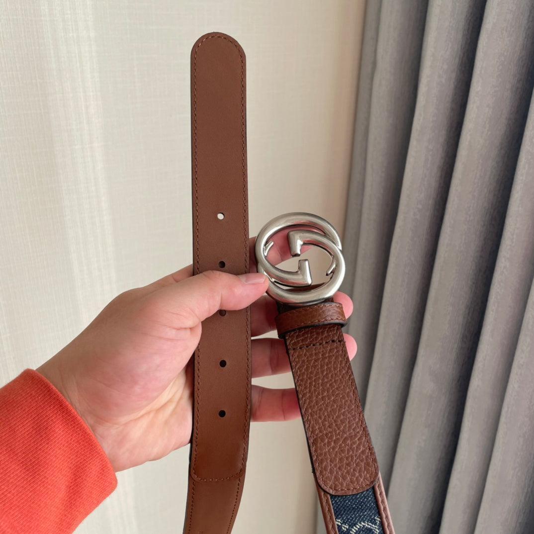 GUCCI Embellished coated-canvas and leather belt 'Brown/Blue' Banlieue91