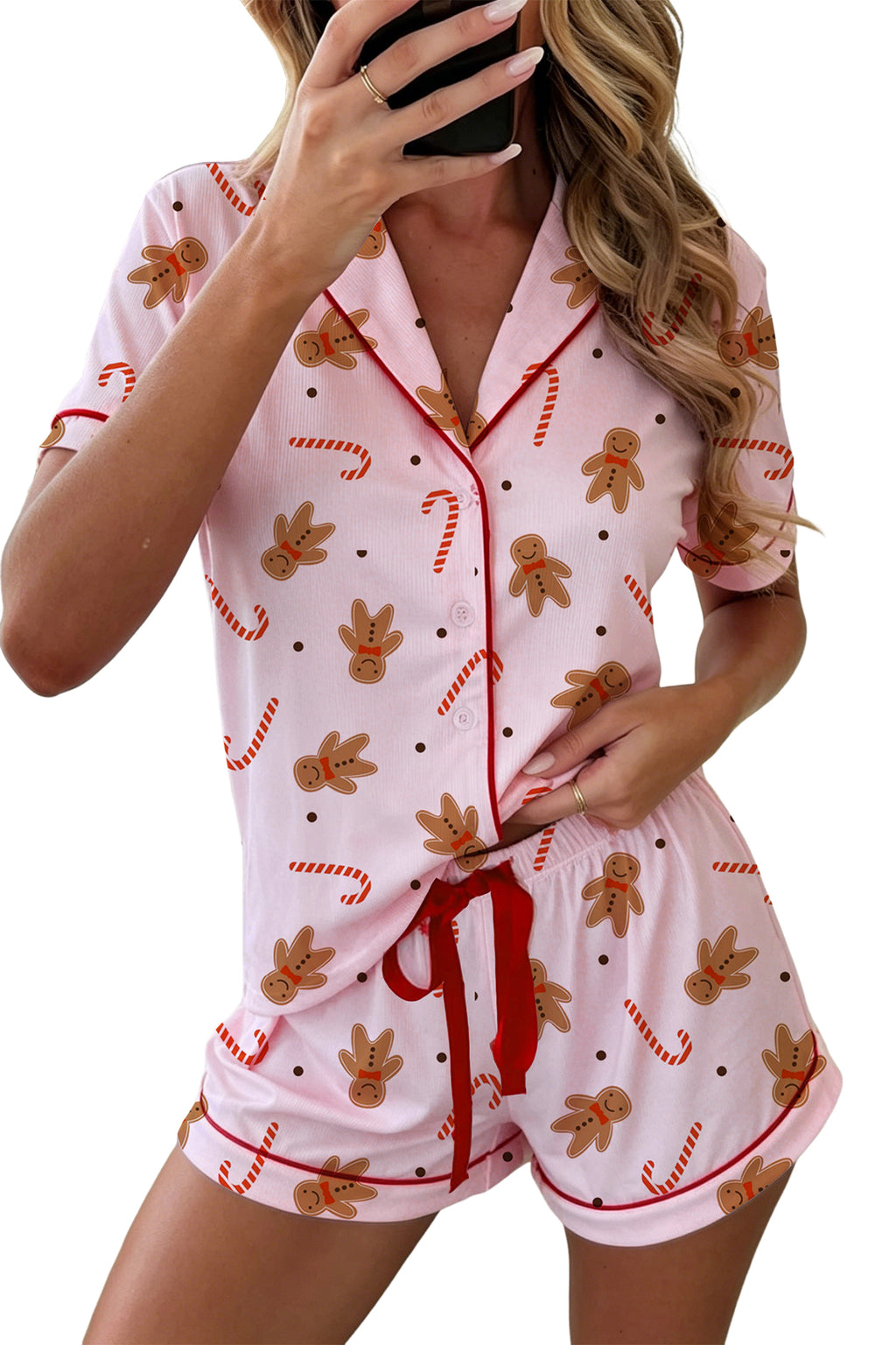 Pink Short Sleeve Placket Shell Button Elastic Waist Lounge Set