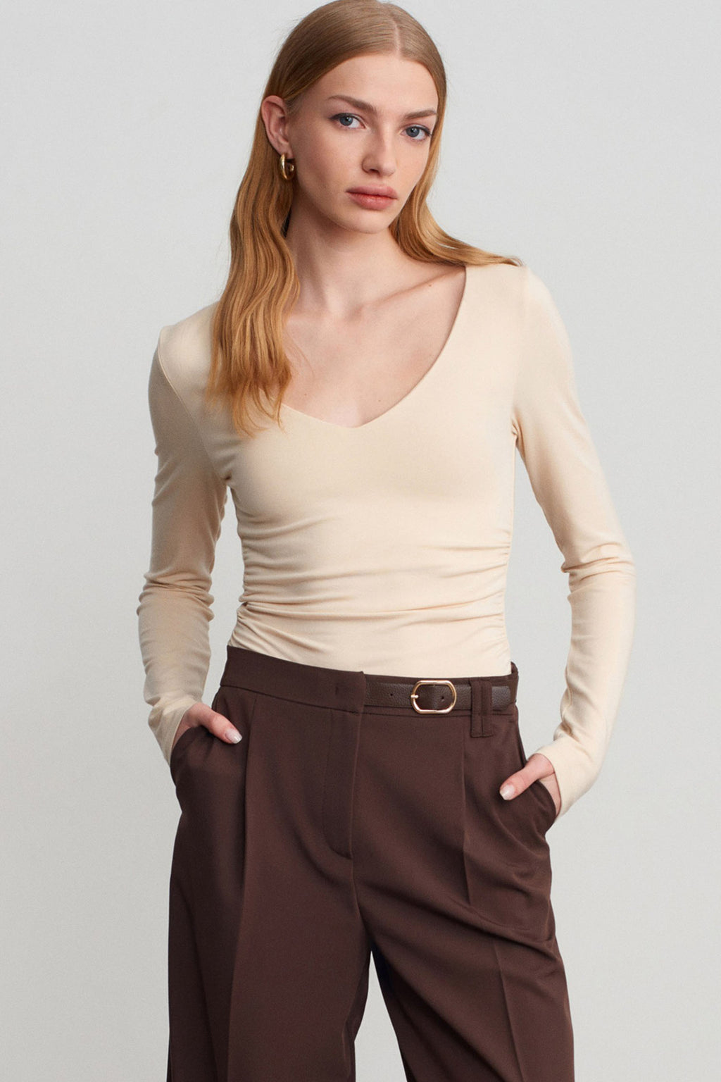 Beige Slim Fit V Neck Long Sleeve Stretchy Top