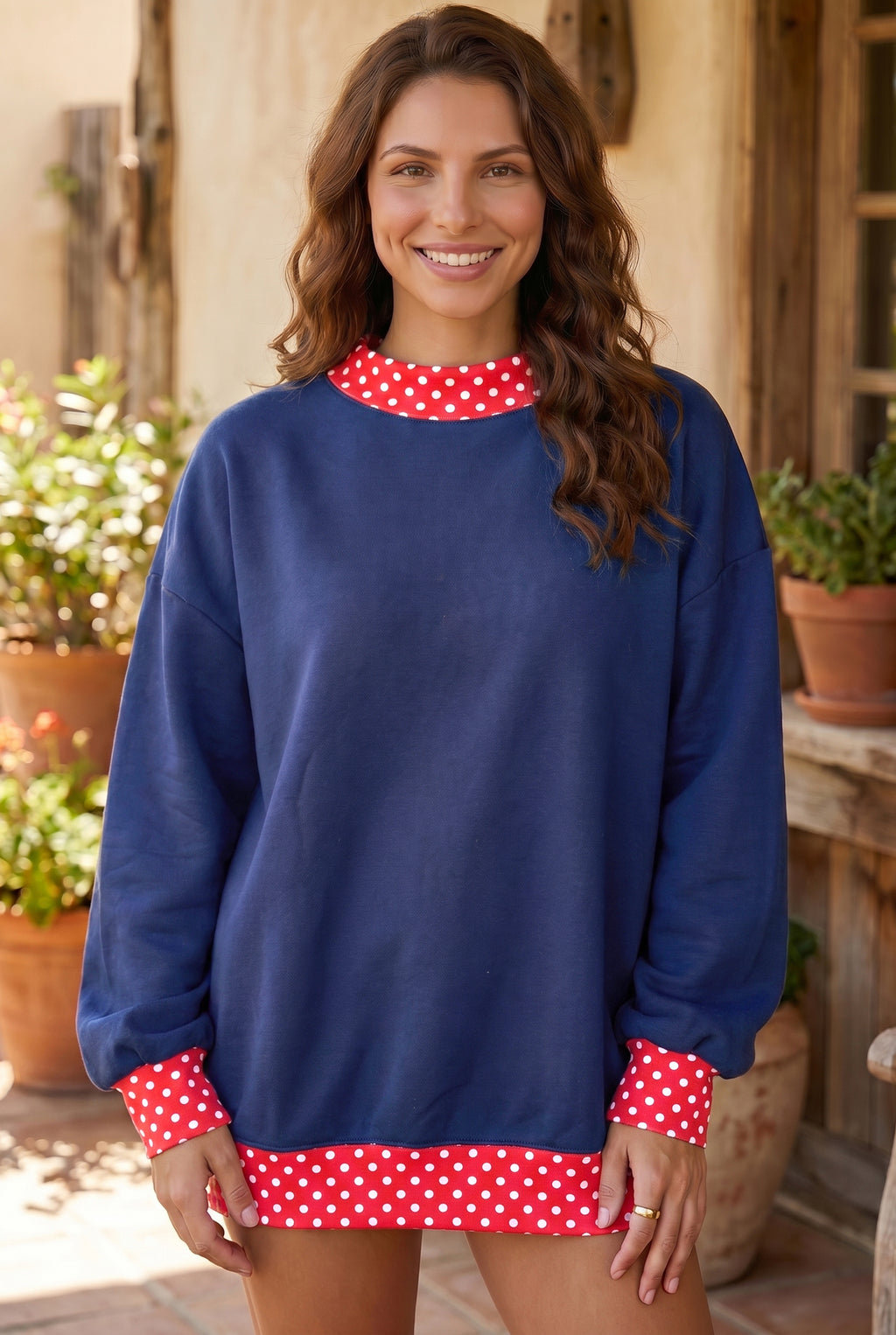 Brown Colorblock Polka Dot Contrast Trim Oversized Sweatshirt