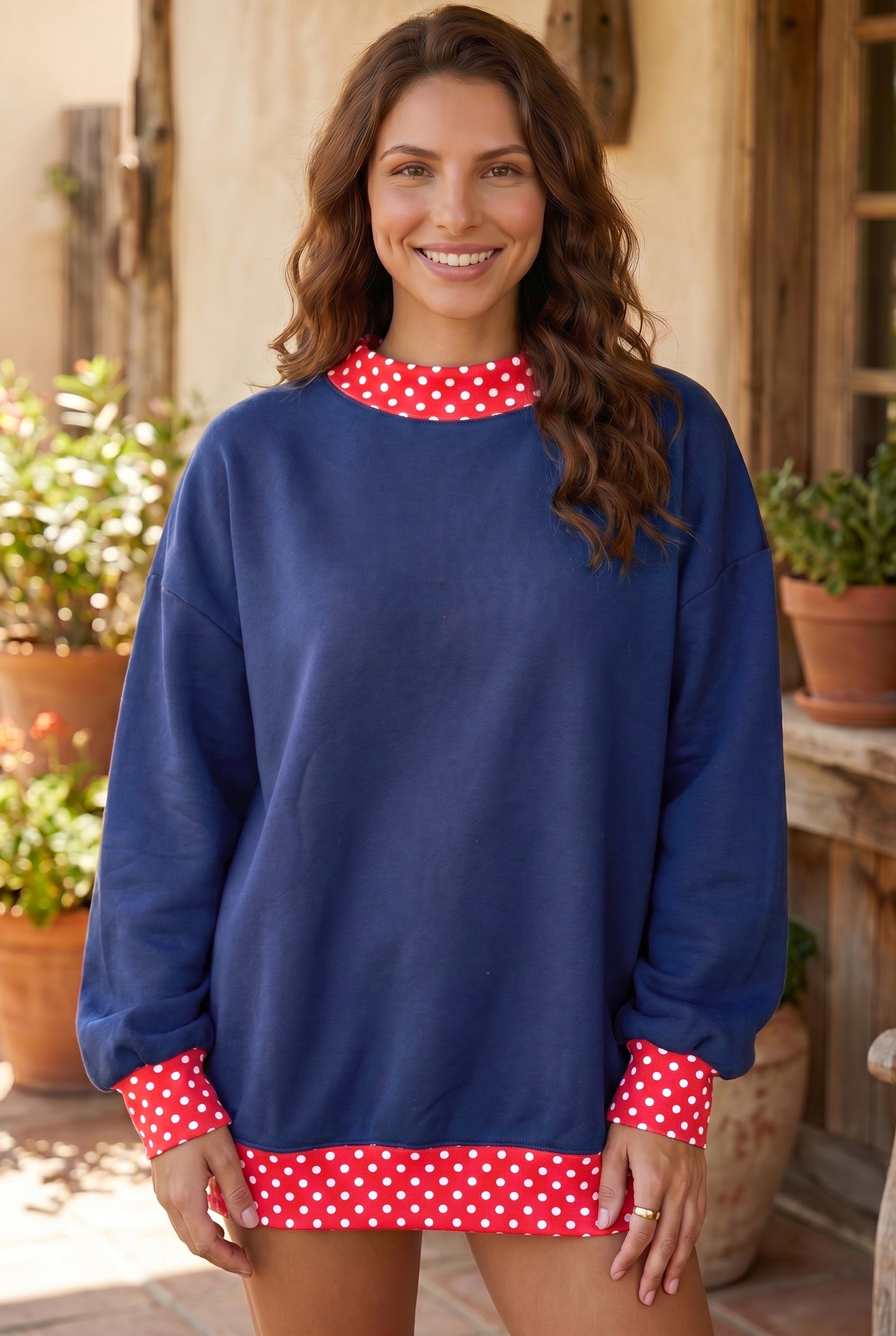 Brown Colorblock Polka Dot Contrast Trim Oversized Sweatshirt