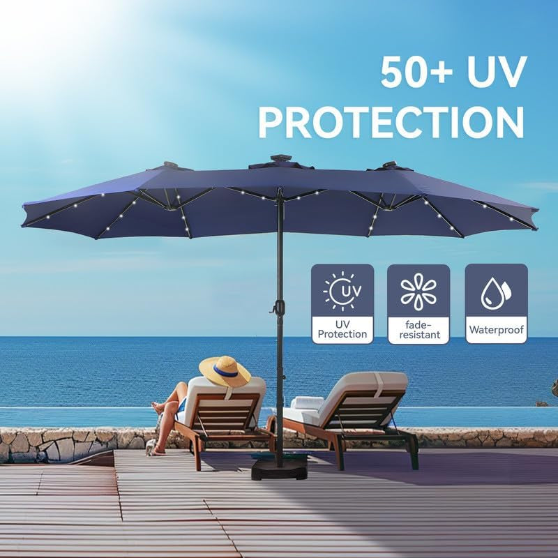 Navy Blue 15ft Rectangular Patio Umbrella With LEDs