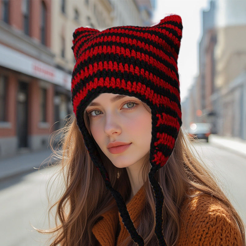 Women’s Hand Knitted Striped Cat Hat – Cute Warm Winter Beanie FitiqueFit