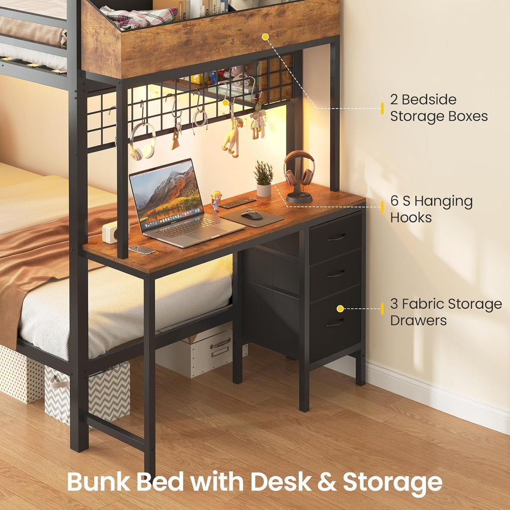 TwinOverTwin MetalBunkBed WithDesk Black SpaceSaving Design Efficient