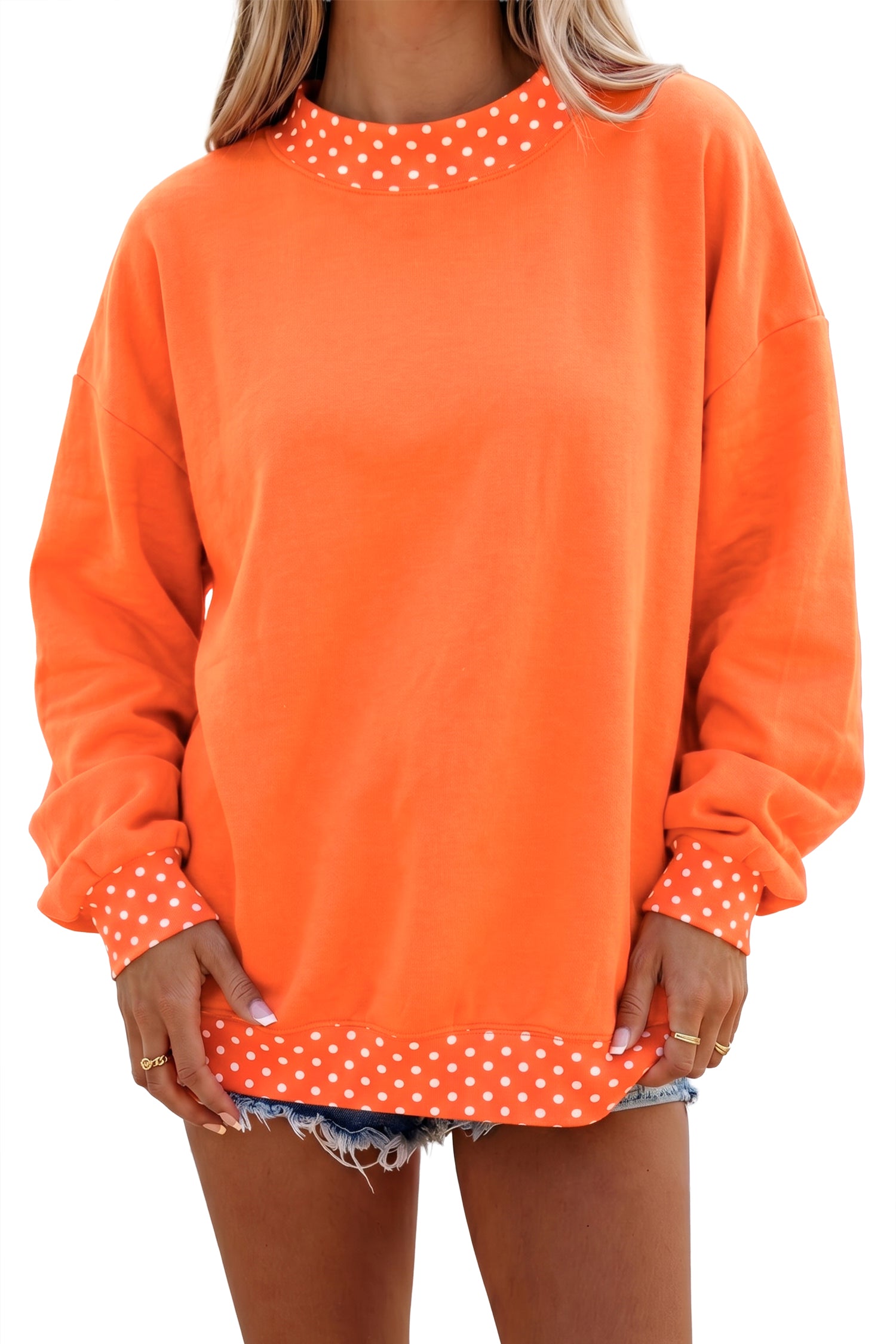 Brown Colorblock Polka Dot Contrast Trim Oversized Sweatshirt