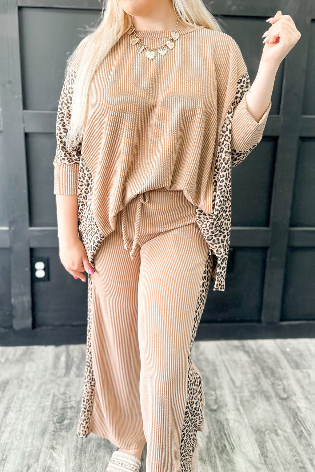 Light French Beige Leopard Print Ribbed Twist Long Sleeve Top Pants Plus Size Set