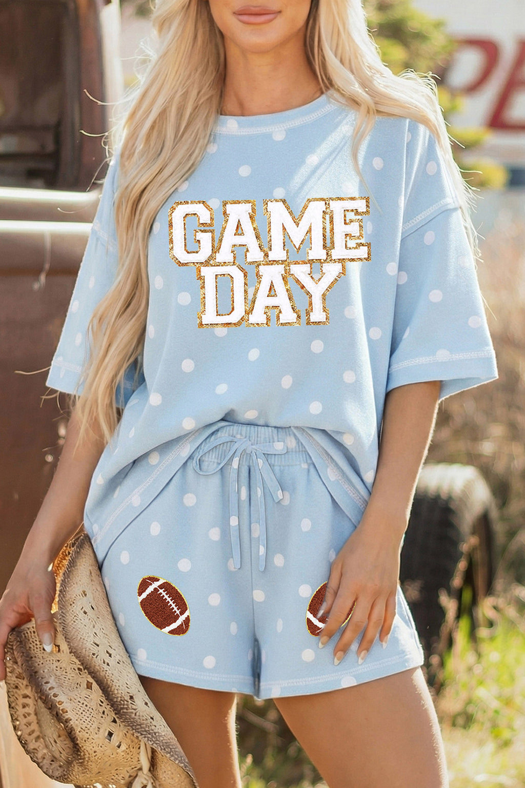 Sky Blue Polka Dot GAME DAY Letter Graphic Oversized Tee Drawstring Short Set