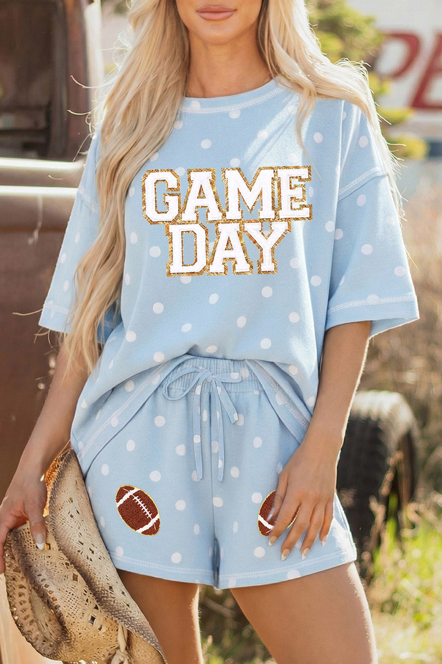 Sky Blue Polka Dot GAME DAY Letter Graphic Oversized Tee Drawstring Short Set