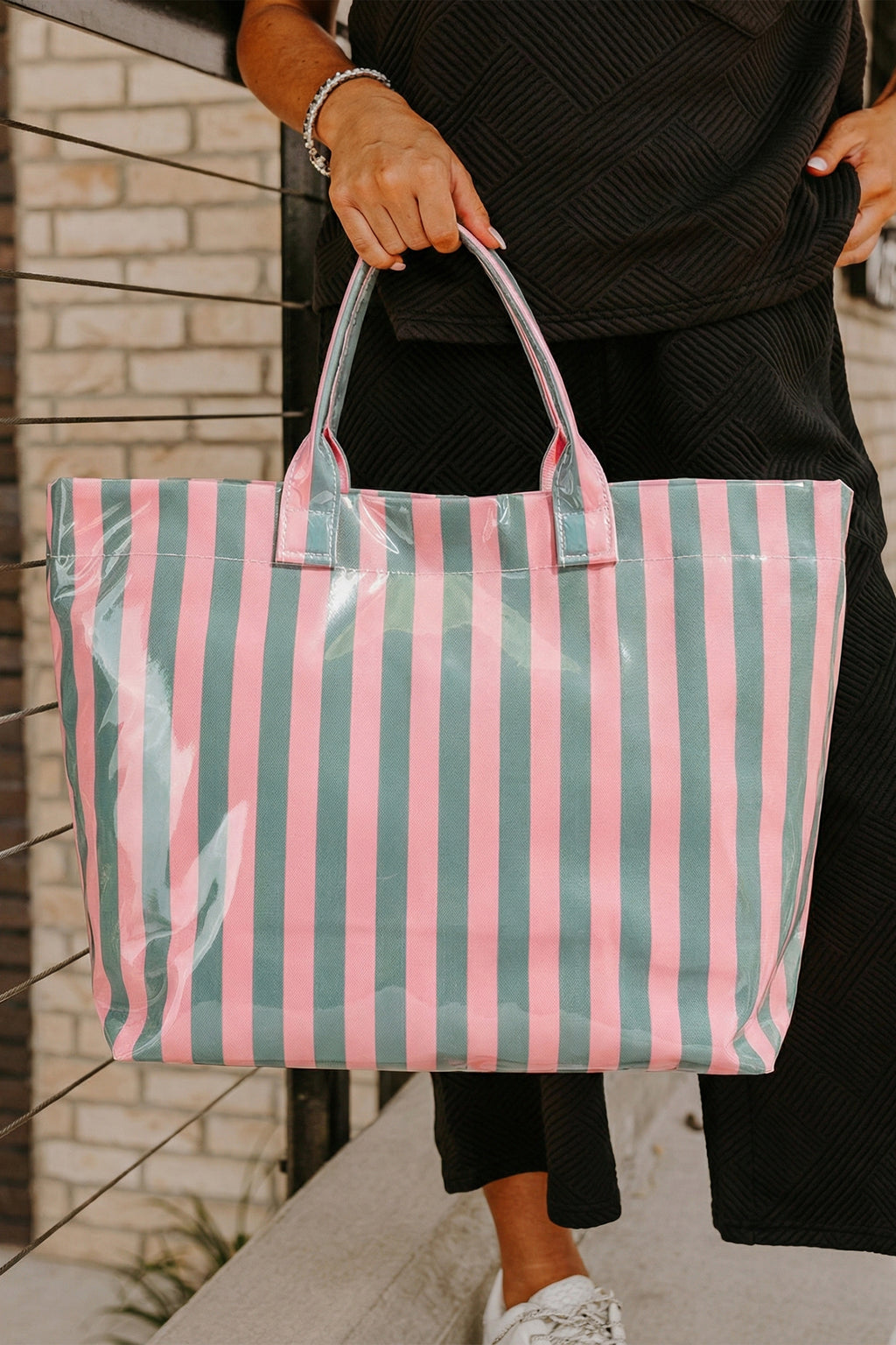Red Glossy Striped Vinyl Large Tote Bag (Color Varied) Shewin