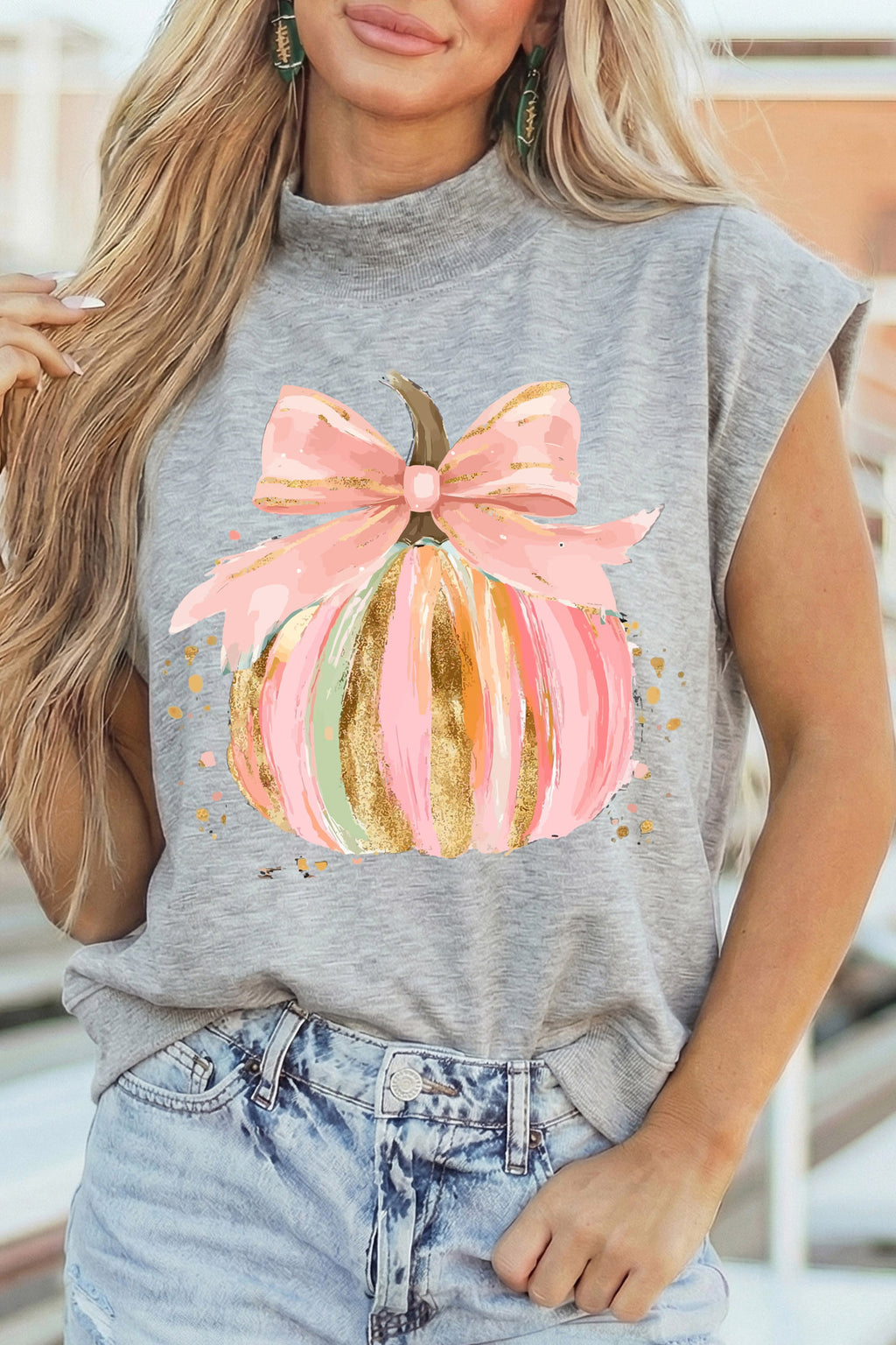 Light Grey Unique Pumpkin Bow Graphic High Neck Cap Sleeve Top