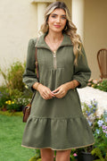 Jungle Green  Quarter Zip Collar Bracelet Sleeve Textured Mini Dress