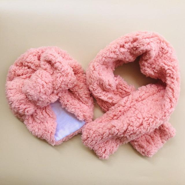 Baby Cotton Hat  Autumn Winter Children Scarf Hat Sets  Bowknot Ear Baby Girl Boy Warm Beanies Cap Neck Warmer Scarf Fleece Balaclava Hood Ski Mask Cold Weather Face Mask Neck Warmer Winter Nose Warmer Stevvex