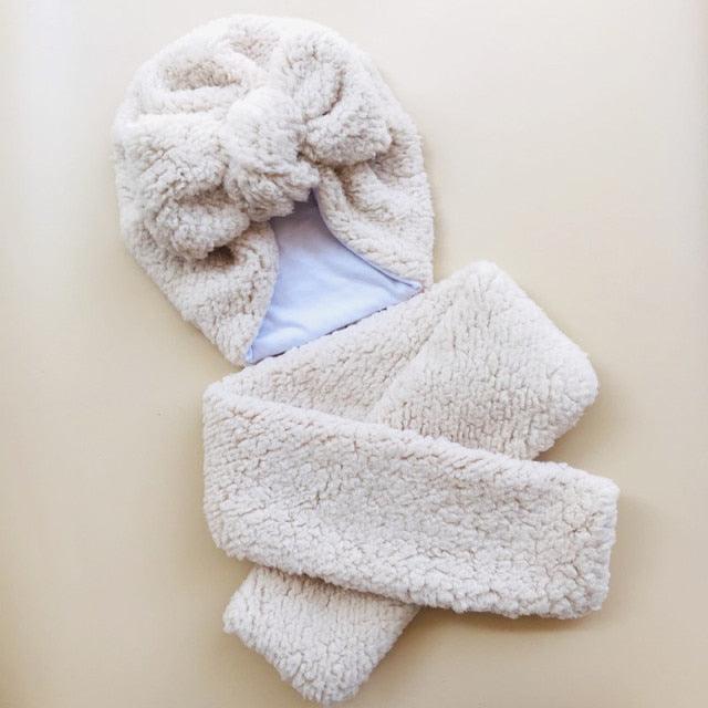 Baby Cotton Hat  Autumn Winter Children Scarf Hat Sets  Bowknot Ear Baby Girl Boy Warm Beanies Cap Neck Warmer Scarf Fleece Balaclava Hood Ski Mask Cold Weather Face Mask Neck Warmer Winter Nose Warmer Stevvex
