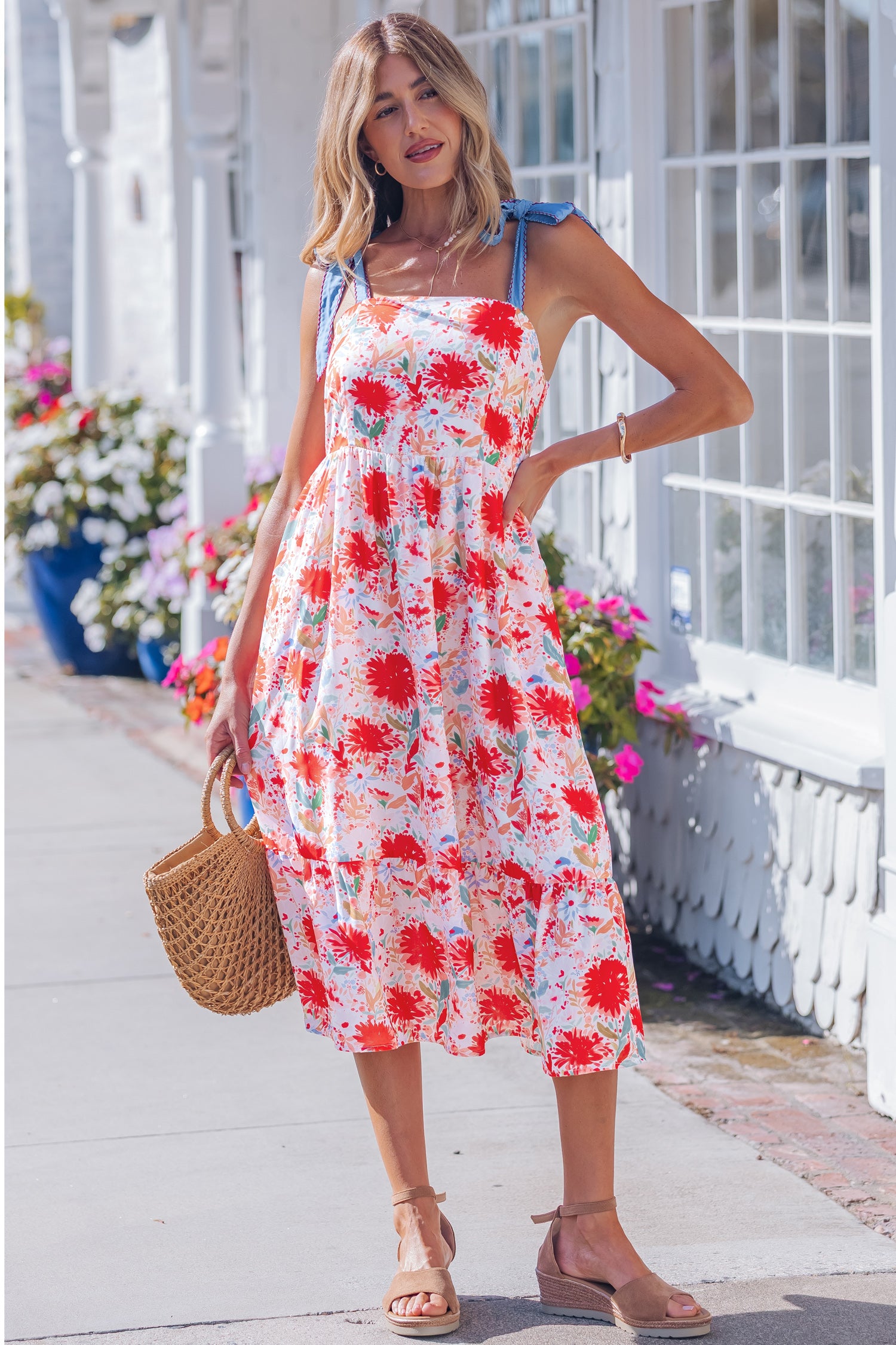 Yellow Floral Print Contrast Stitched Knot Denim Straps High Waist Dress