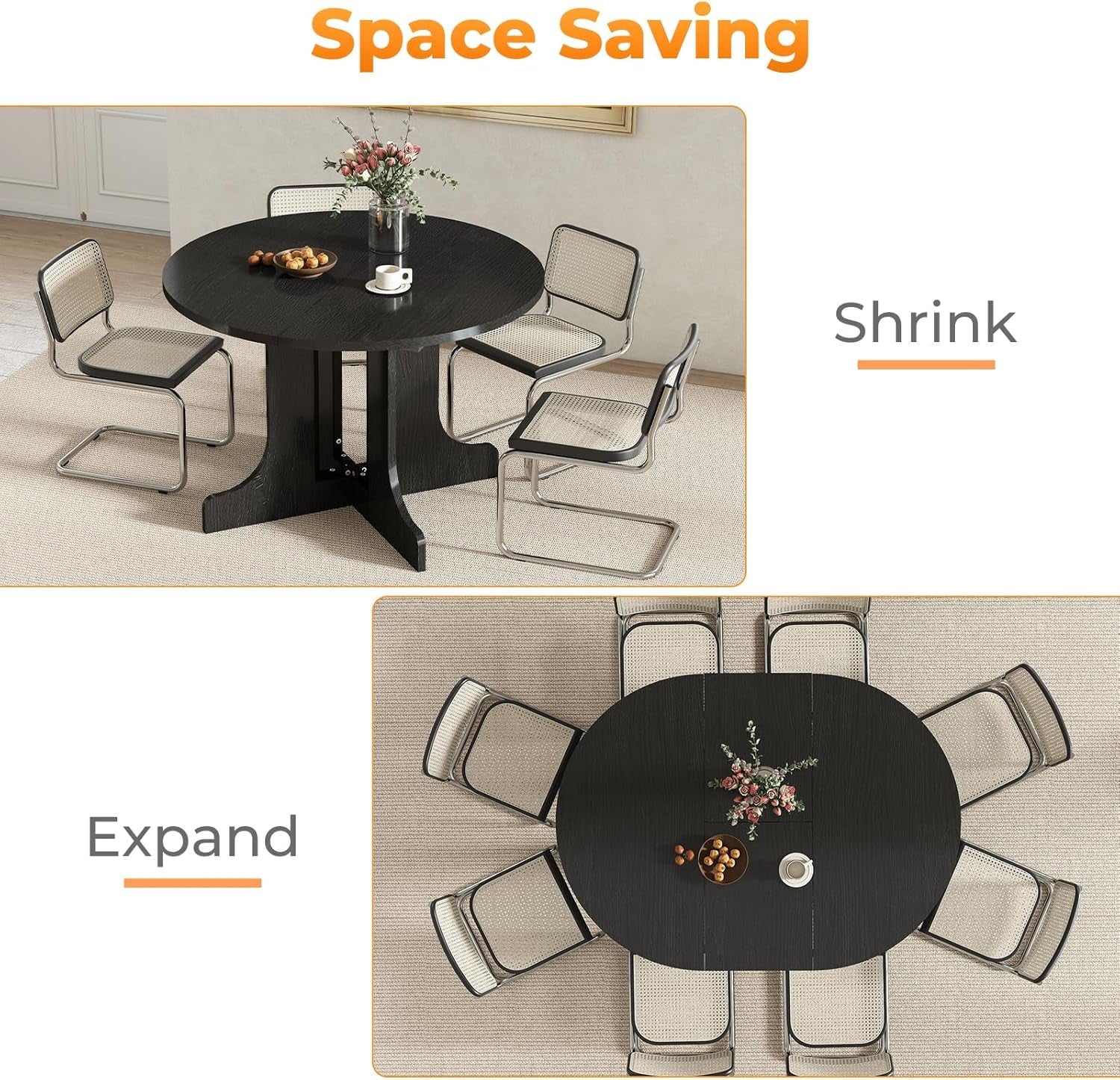 Expandable Charcoal Circular Dining Table 43in 59in