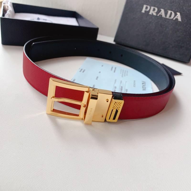 Prada Leather Reversible Belt With Triple Bucles 'Red/Black' Banlieue91