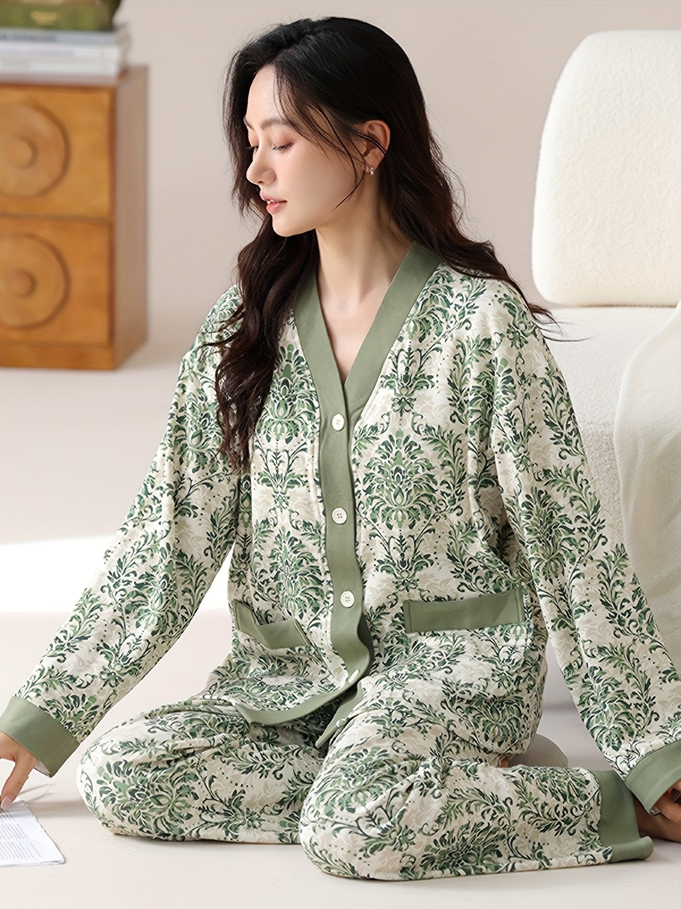 Elegant Womens Floral VNeck Cotton Pajama Set