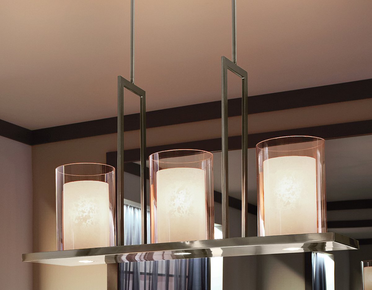 Triad 40"W 6-Light Classic Pewter Finish Clear Glass White Vetro Mica Shades Linear Chandelier by Kichler LampsUSA