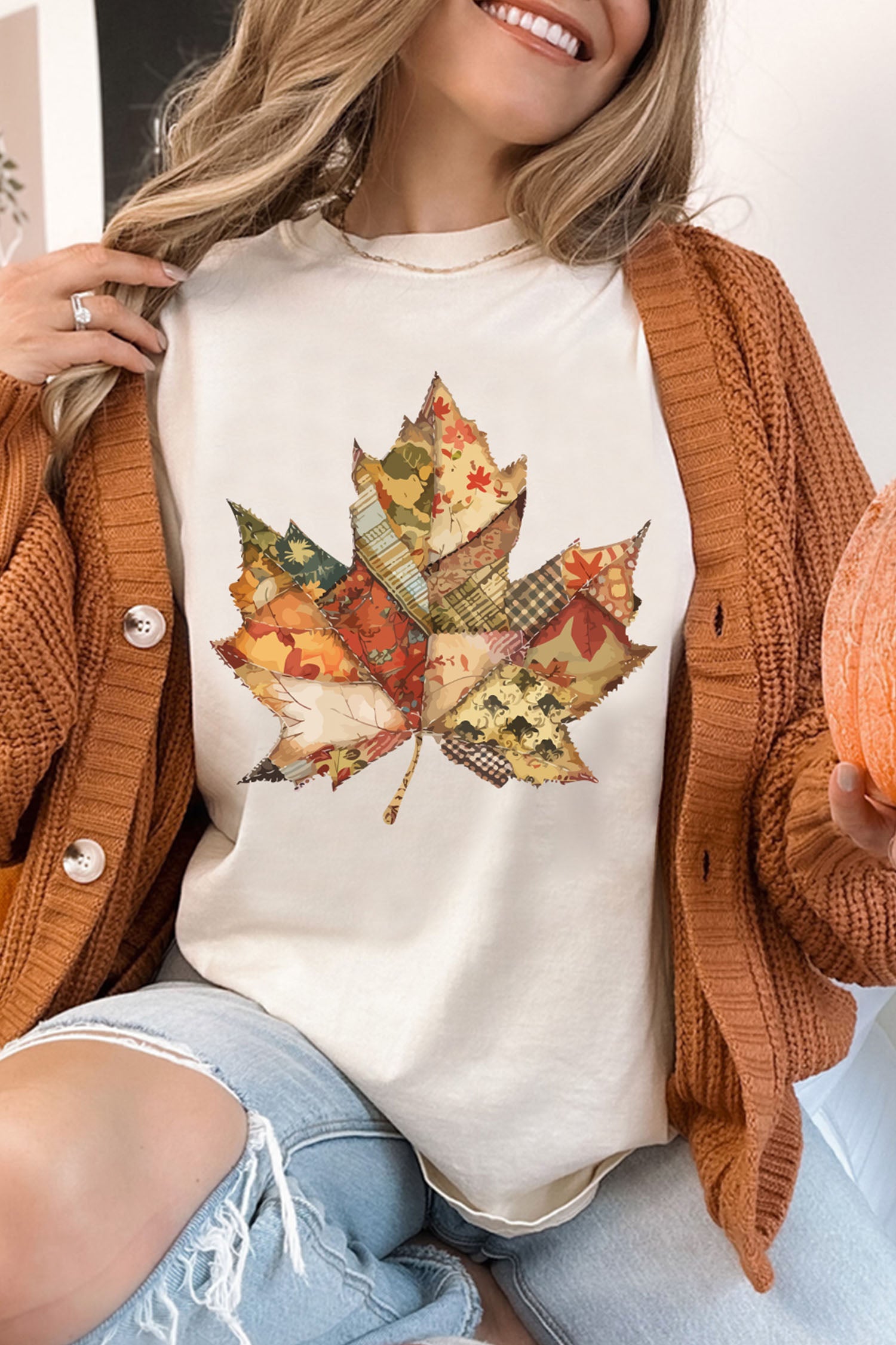White Patchwork Maple Leaf Print Round Neck Casual T-Shirt