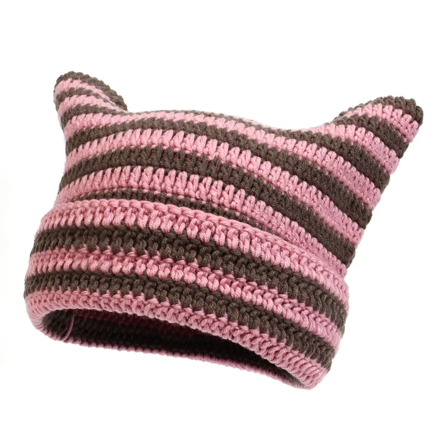 Women’s Hand Knitted Striped Cat Hat – Cute Warm Winter Beanie FitiqueFit