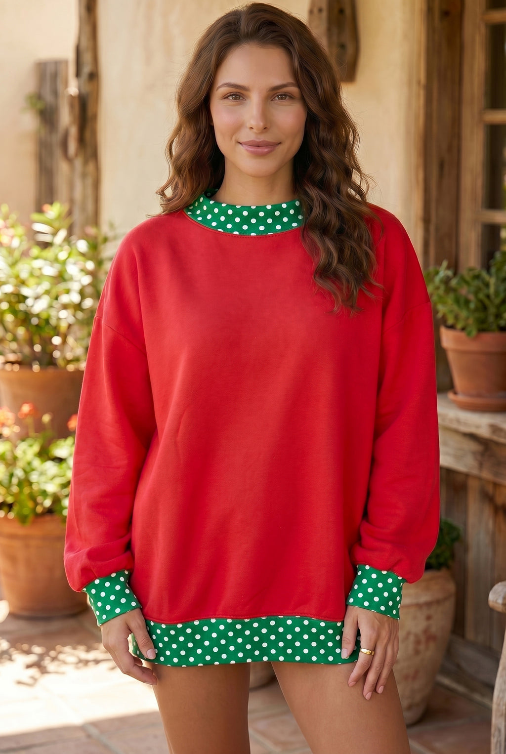 Brown Colorblock Polka Dot Contrast Trim Oversized Sweatshirt