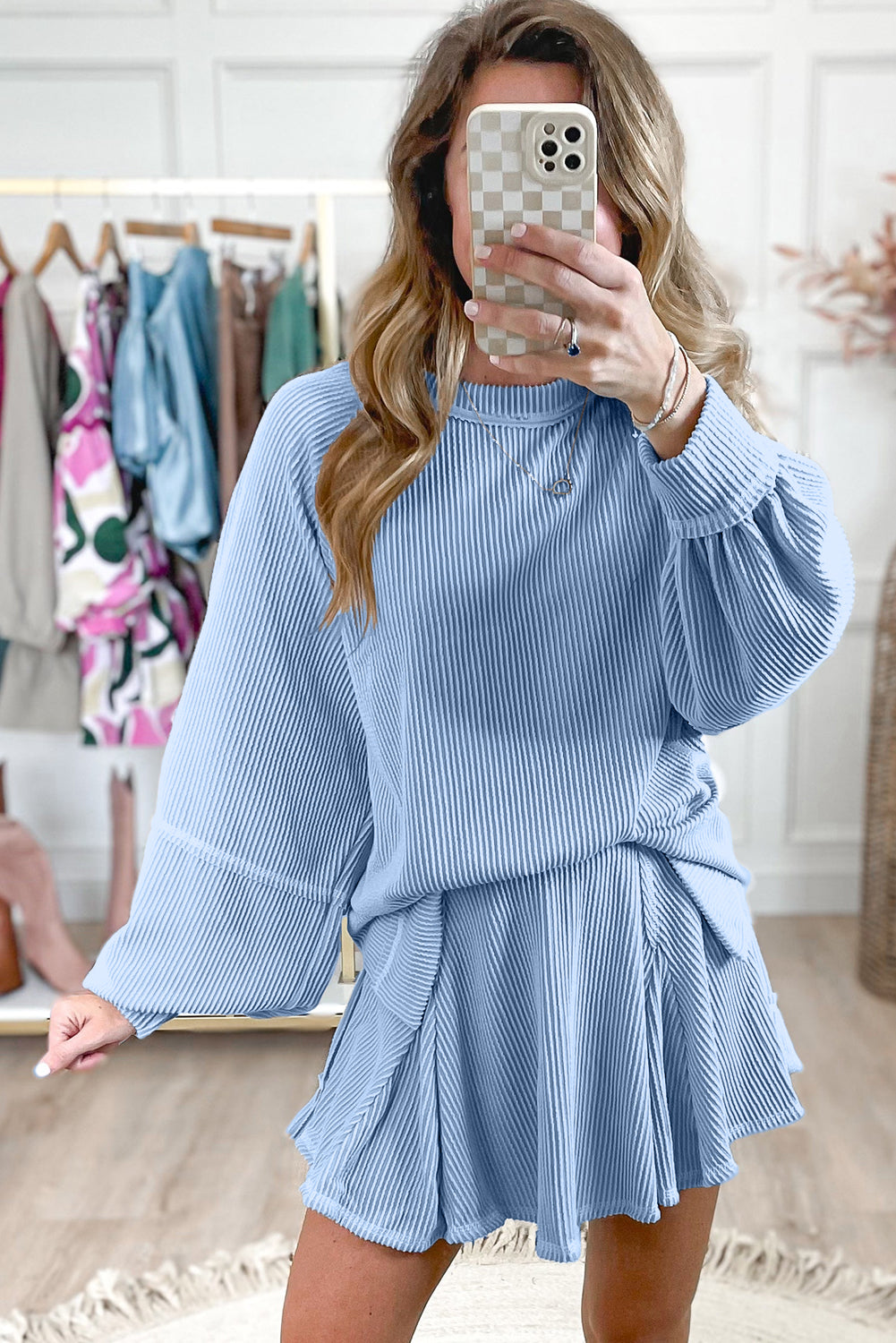 Jet Stream Corded Lantern Sleeve Top High Waist Ruffled Mini Skort Set