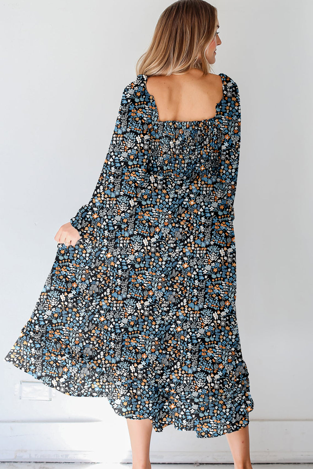 Red Floral Print Long Sleeve Square Neck Smocked Maxi Dress