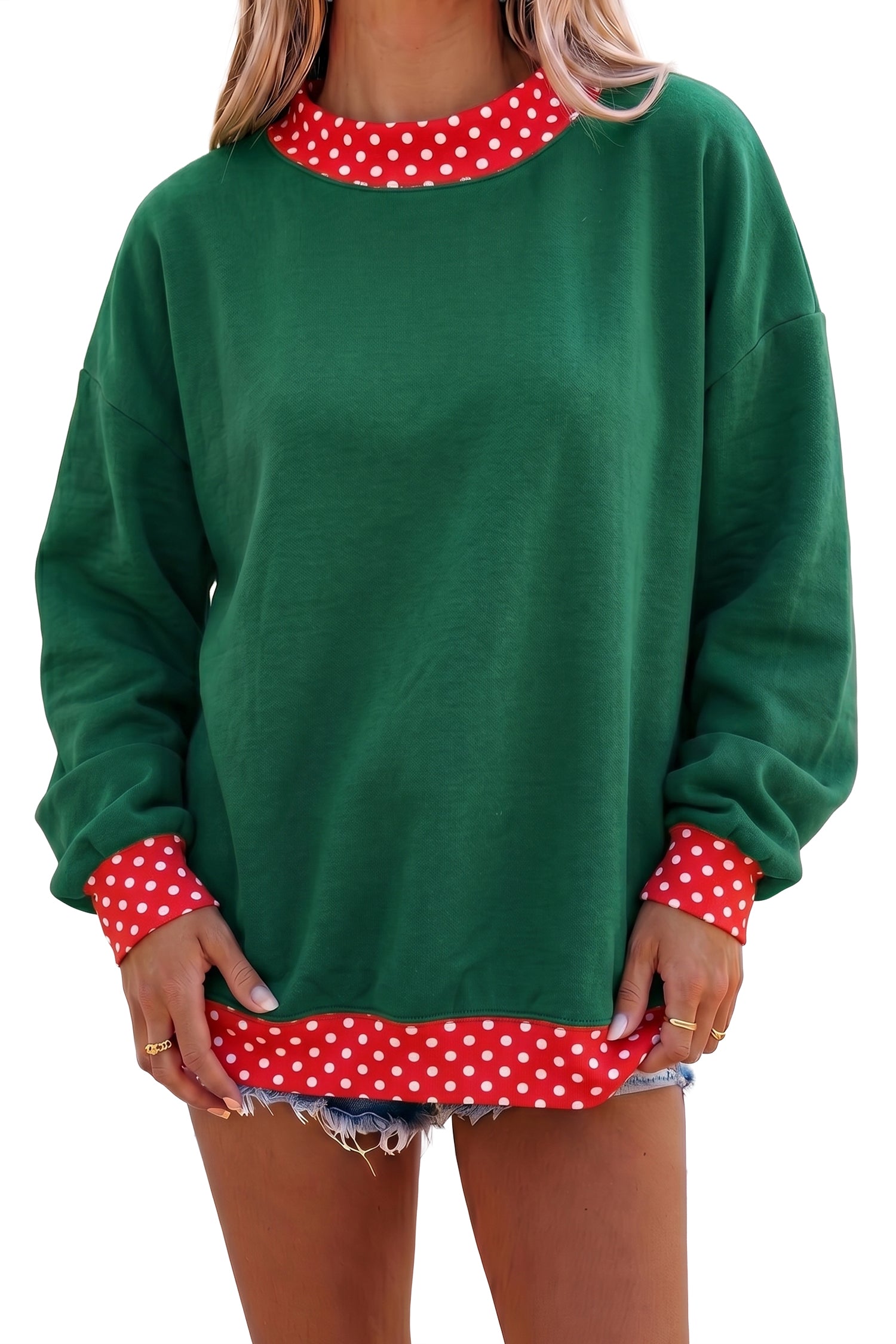 Brown Colorblock Polka Dot Contrast Trim Oversized Sweatshirt