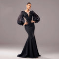 Beaded Long Sleeve Round Neck Fishtail Gown