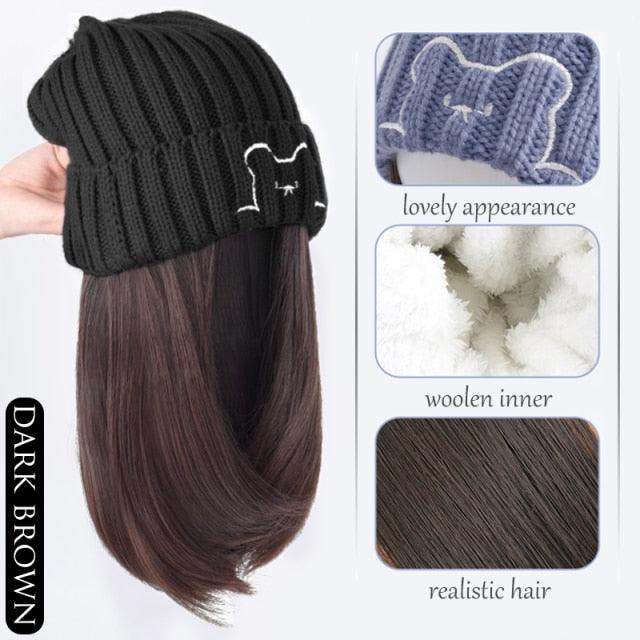 Beanie Hat Synthetic Short Wig Hat with Hair Extension Natural Hair Color Black Brown Wigs for Women Wool Product Wigs For Black Women Cosplay Wigs For Women Stevvex