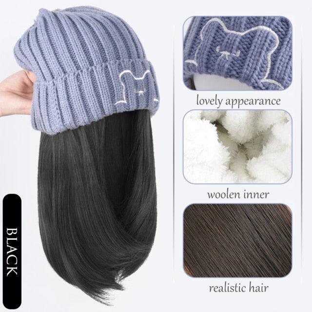 Beanie Hat Synthetic Short Wig Hat with Hair Extension Natural Hair Color Black Brown Wigs for Women Wool Product Wigs For Black Women Cosplay Wigs For Women Stevvex