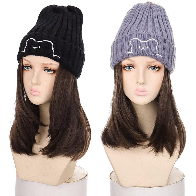 Beanie Hat Synthetic Short Wig Hat with Hair Extension Natural Hair Color Black Brown Wigs for Women Wool Product Wigs For Black Women Cosplay Wigs For Women Stevvex