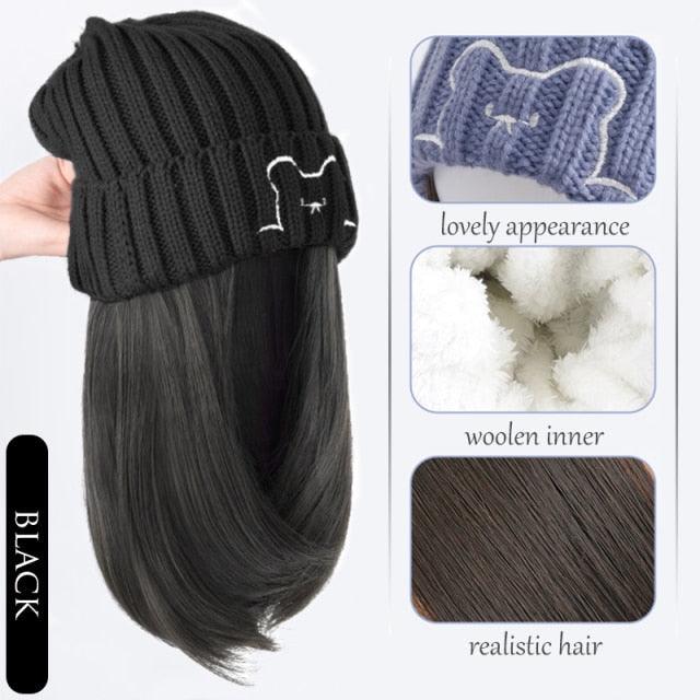 Beanie Hat Synthetic Short Wig Hat with Hair Extension Natural Hair Color Black Brown Wigs for Women Wool Product Wigs For Black Women Cosplay Wigs For Women Stevvex