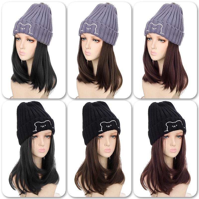Beanie Hat Synthetic Short Wig Hat with Hair Extension Natural Hair Color Black Brown Wigs for Women Wool Product Wigs For Black Women Cosplay Wigs For Women Stevvex