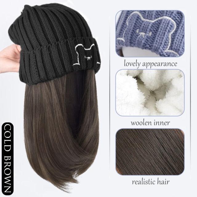 Beanie Hat Synthetic Short Wig Hat with Hair Extension Natural Hair Color Black Brown Wigs for Women Wool Product Wigs For Black Women Cosplay Wigs For Women Stevvex