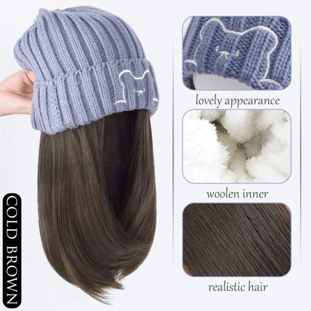 Beanie Hat Synthetic Short Wig Hat with Hair Extension Natural Hair Color Black Brown Wigs for Women Wool Product Wigs For Black Women Cosplay Wigs For Women Stevvex