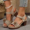 Beige Floral Flowers Chunky Heel Sandals