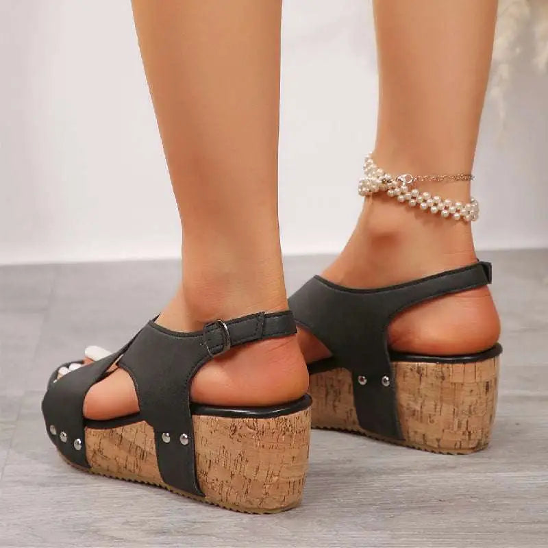 Beige Suede Rivet Wedges Snadals with Cork Soles