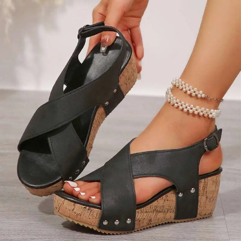 Beige Suede Rivet Wedges Snadals with Cork Soles