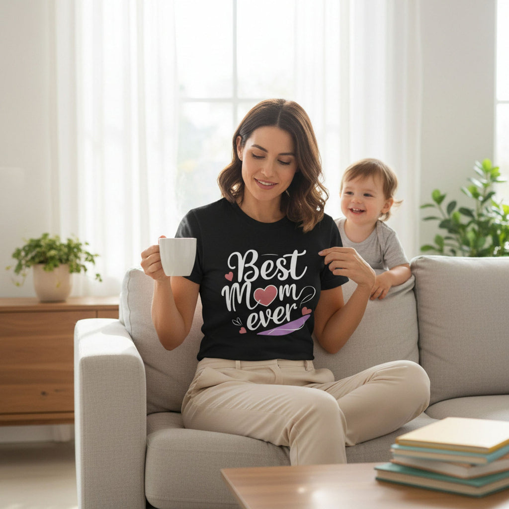 Cursive Graphic Best Mom Ever T-Shirt 100% Cotton Soft Breathable Top