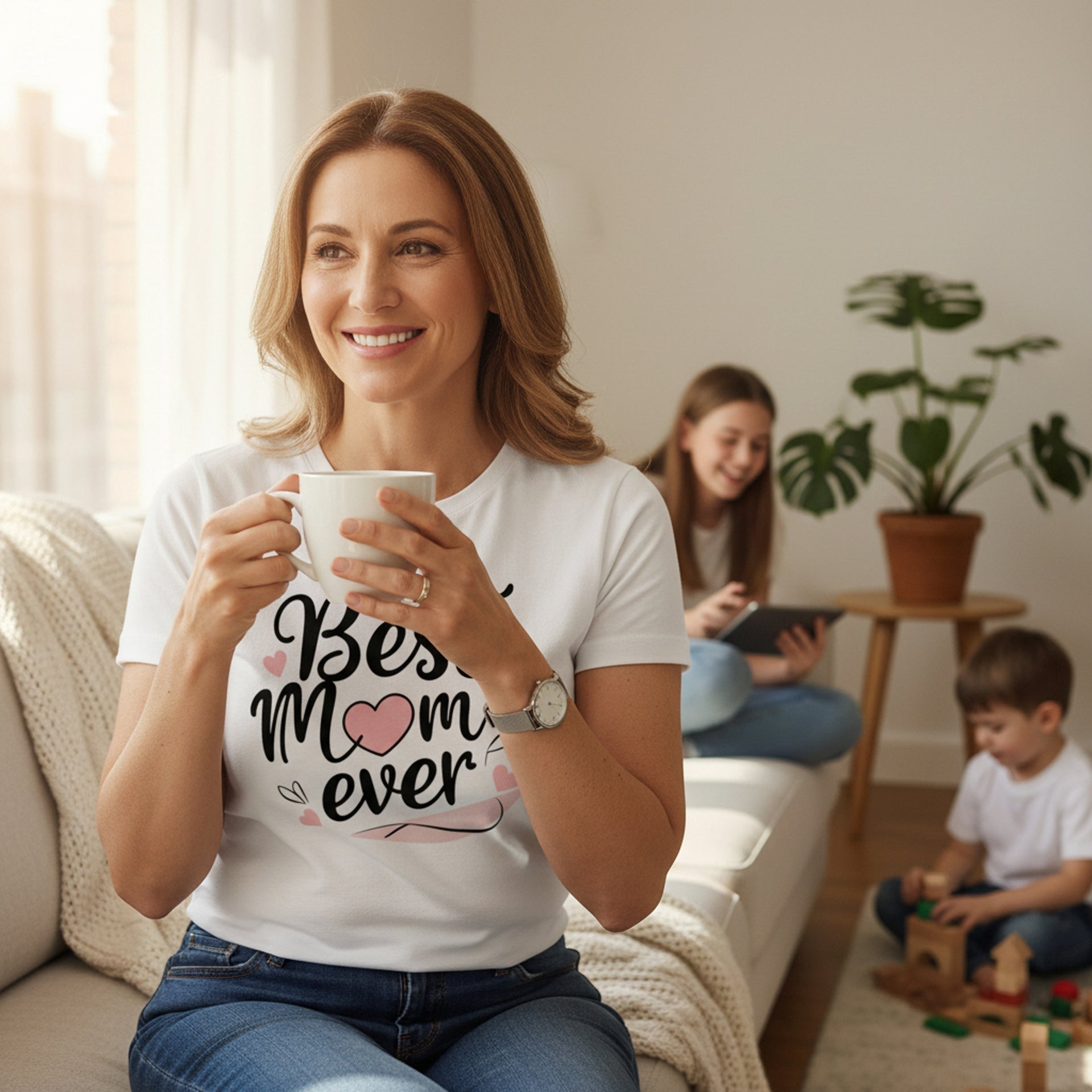 Cursive Graphic Best Mom Ever T-Shirt 100% Cotton Soft Breathable Top