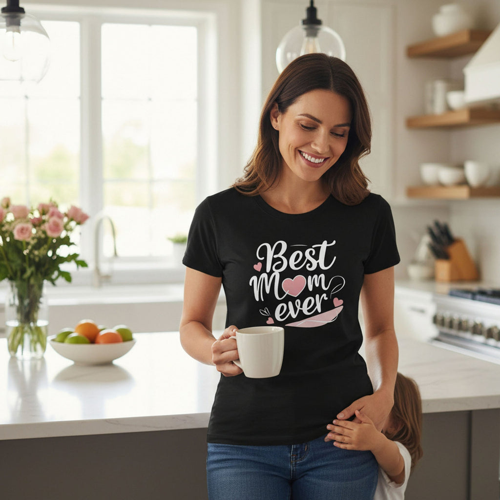 Cursive Graphic Best Mom Ever T-Shirt 100% Cotton Soft Breathable Top