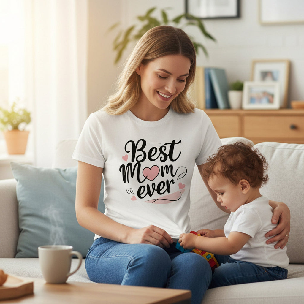 Cursive Graphic Best Mom Ever T-Shirt 100% Cotton Soft Breathable Top