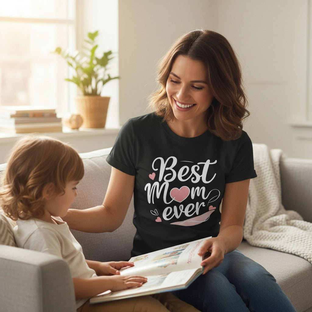 Cursive Graphic Best Mom Ever T-Shirt 100% Cotton Soft Breathable Top