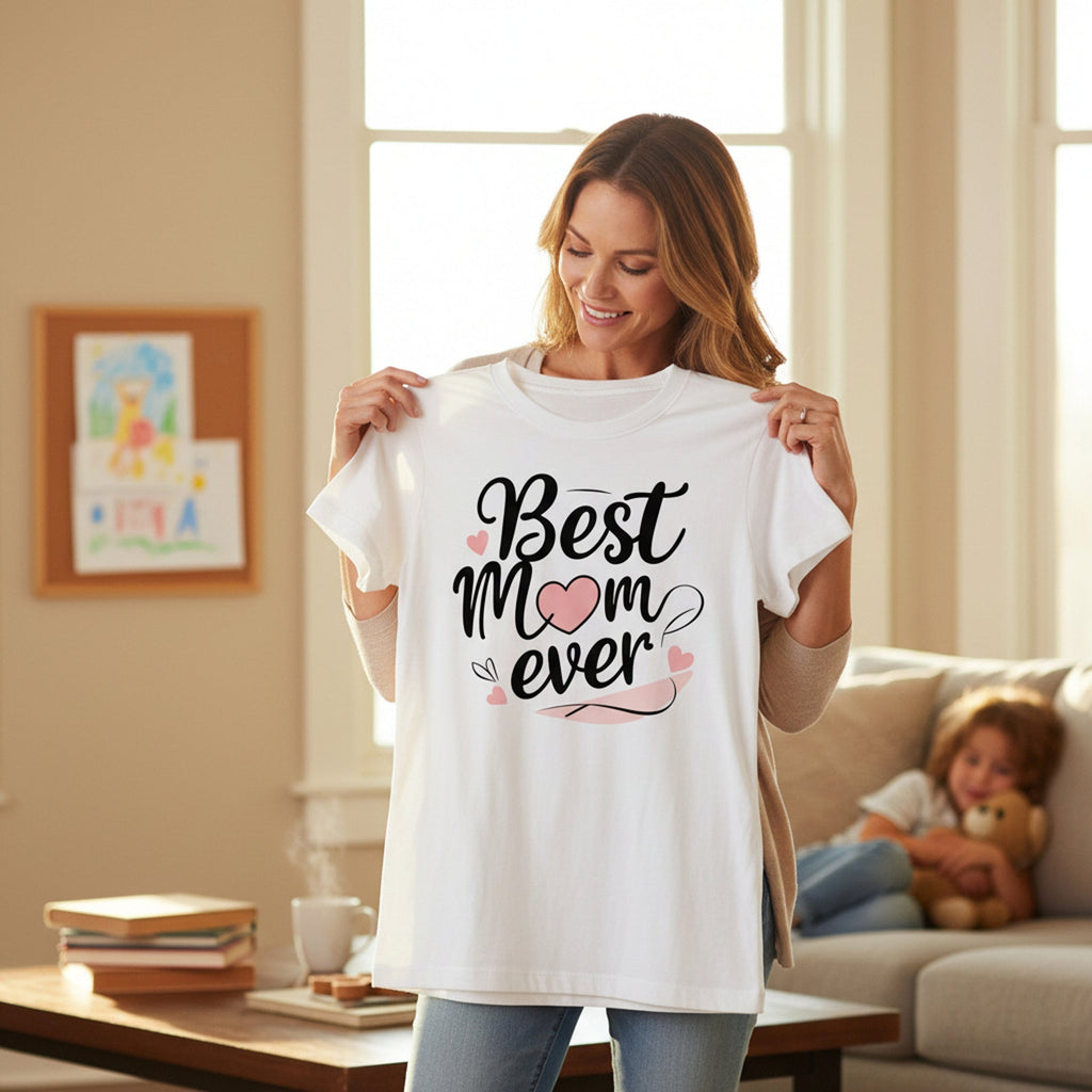 Cursive Graphic Best Mom Ever T-Shirt 100% Cotton Soft Breathable Top