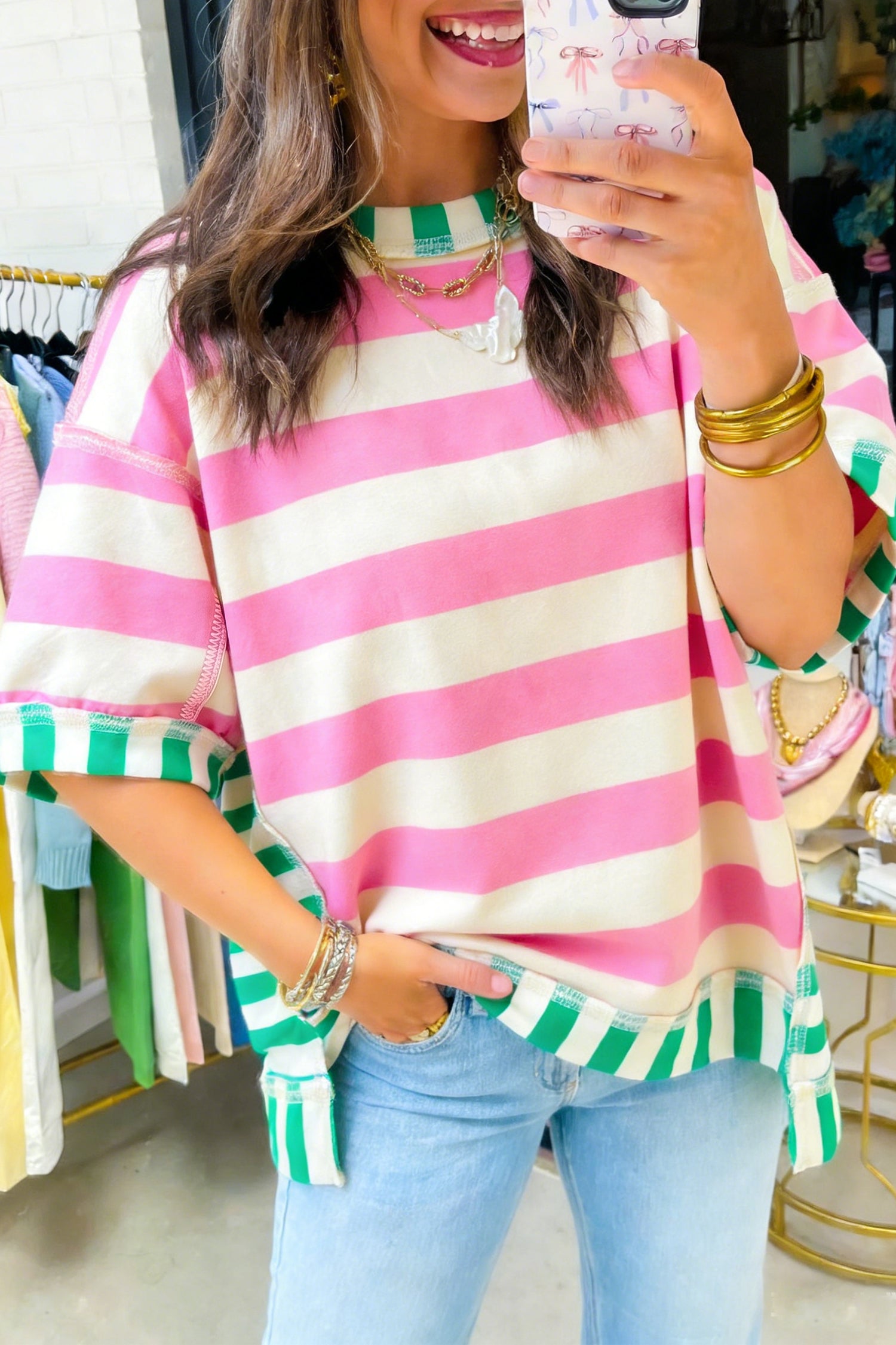 Yellow Stripe Exposed Seam Contrast Patchwork Oversized Top Shewin