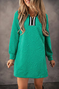 Sea Green Jacquard Textured Quarter Zipper Pop of Color Neckline Dress