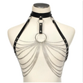 Black Leather Choker with Stitching Metal Chain